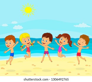 kids, boy and girl play and jump on the summer beach ,illustration,vector