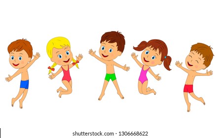 kids, boy and girl play and jump on the white background,illustration,vector