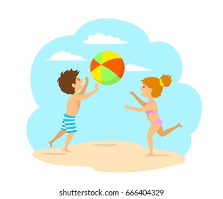 kids, boy and girl playing ball on the beach