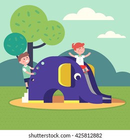 Kids, boy and girl playing on an elephant shaped slide playground. Outdoor public park. Modern flat style vector illustration cartoon clipart.