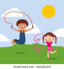 kids boy and girl playing in the park happy