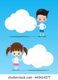 The kids boy and girl pointing at the blank cloud with copyspace on blue background vector illustration eps10