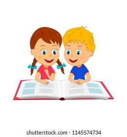 kids, boy and girl read a book, illustration, vector
