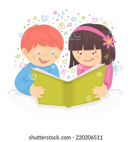 Kids Boy And Girl Reading The Book On Table Poster Vector Illustration