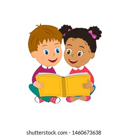 kids, boy and girl reading book,illustration,vector