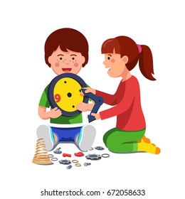 Kids boy and girl sitting playing with mechanical clock. Smiling school or preschool children disassembling or trying to fix wall timepiece. Flat style vector illustration isolated on white background