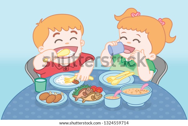 Kids Boy Girl Sitting Table Happy Stock Vector (Royalty Free) 1324559714