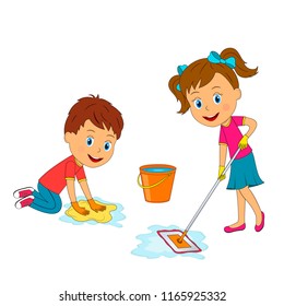 Kids Boy Girl Washing Floor On Stock Vector (Royalty Free) 1165925332 ...