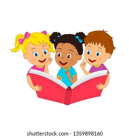 kids, boy and girls reading book, illustration,vector
