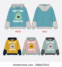 KINDER JA GLÜCKLICH MONSTER CHARACTER HOODIES VEKTORFLACHENZEICHEN. KLEINERE GERÄTE-DINOSAUR-MONSTER-EMOTION MIT WORTLAUT