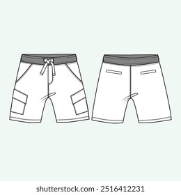 Kids, boy, man, cargo shorts with elasticated waistband flat sketch illustration front and back