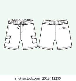 Kids, boy, man, cargo shorts with elasticated waistband flat sketch illustration front and back