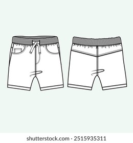 kids, boy, toddler denim shorts flat sketch illustration, elasticated waistband 