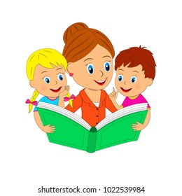 kids, boy.girl and woman are reading book