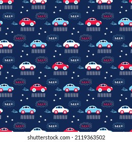 Kids boyish blue pattern with cars driving on city road on dark starry background. Hand drawn seamless baby print with cartoon red, white, light blue vehicle for preschooler design. Nursery wallpaper.