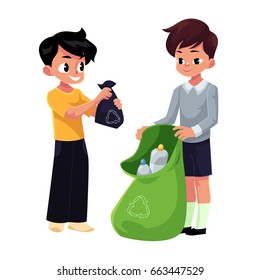 Kids Boys Collect Plastic Bottles Into Stock Vector (Royalty Free ...