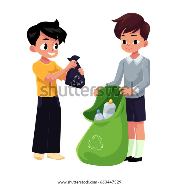 Kids Boys Collect Plastic Bottles Into Stock Vector (Royalty Free ...