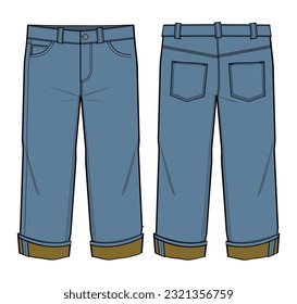 Die widersprüchliche Innenansicht des Kids Boy hat ihn im Jeans Front und Back View eingefunden. Fashion Flat Sketch Vektorgrafik, CAD, Technische Zeichnung, Flach Zeichnung, Vorlage, Mock-up.