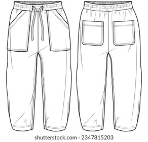 kids boys drawstring elastic waist casual pant flat sketch vector illustration front and back view technical cad drawing template