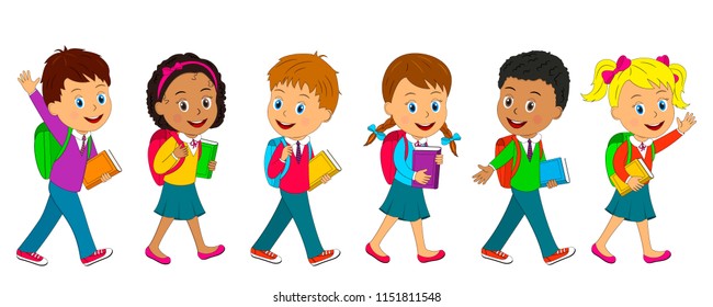 kids, boys and girl are going to school with bag and books