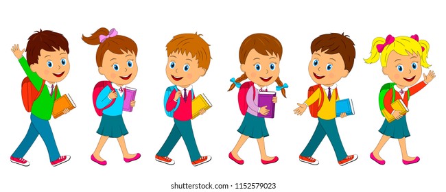 kids, boys and girl are going to school with bag and books on the white background