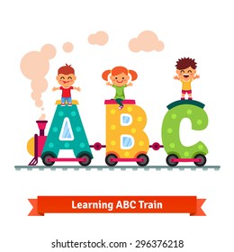 Kids, boys and girl riding on abc train. Children learning alphabet concept. Flat style vector cartoon.