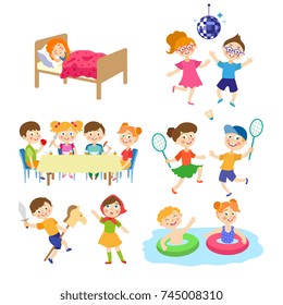 Kids, boys and girl spending vacation in summer camp - eating, sleeping, playing, swimming, dancing, singing, flat cartoon vector illustration on white background. Summer camp set with cartoon kids