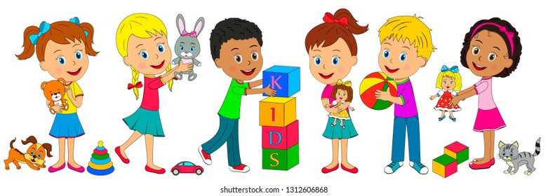 kids, boys and girla play with toys,illustration,vector