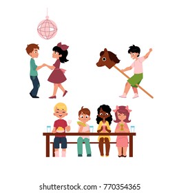 Kids, boys and girls, dancing, eating together and riding hobby horse, vacation in summer camp, cartoon vector illustration on white background. Summer camp, kids eating, dancing, playing