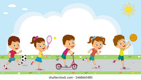 kids, boys and girls different sport activity, illustration,vector