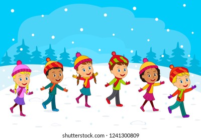 kids, boys and girls go on the winter background, illustration,vector