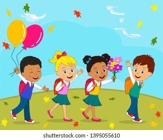 kids, boys and girls go to school on the autumn background,illustration, vector