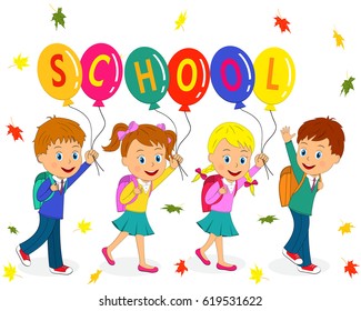 kids, boys and girls are going to school with balloons,illustration, vector