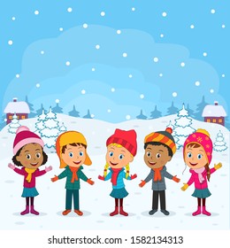 kids, boys and girls on the winter background