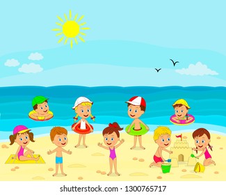 kids, boys and girls play on the beach, illustration,vector