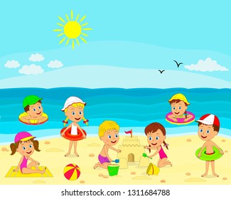 kids, boys and girls play on the summer beach, illustration,vector