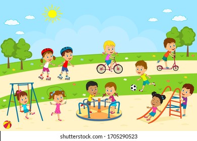 kids, boys and girls  play on the playground, illustration,vector