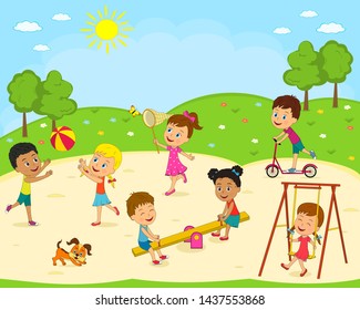 Kids Boys Girls Playing On Playground Stock Vector (Royalty Free ...