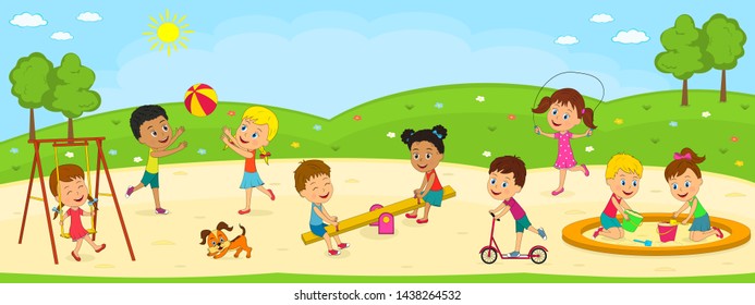 kids, boys and girls are playing on the playground, illustration,vector