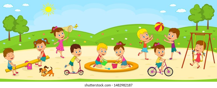 kids, boys and girls are playing on the playground, illustration,vector