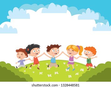 Kids. Boys and girls plays and jump on a bright lawn. Vector illustration