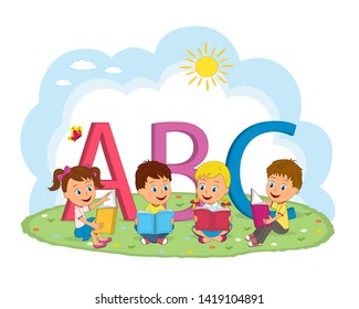 kids, boys and girls reading books sitting in the meadow,illustration,vector