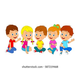  kids, boys and girls are sitting, illustration, vector
