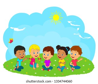  kids, boys and girls are sitting on the meadow in summer, illustration, vector