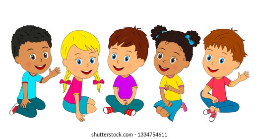  kids, boys and girls are sitting on the white background, illustration, vector