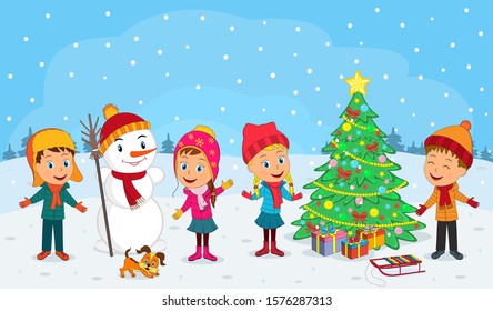 kids, boys and girls, snowman and christmas tree on the winter background
