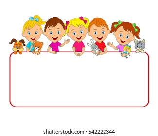 kids, boys and girls with toys and frame, illustration,vector