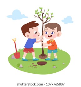 Kids Boys Planting Tree Vector Illustration