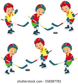 Kids, Boys Play Ice Hockey Collection, Illustration,vector