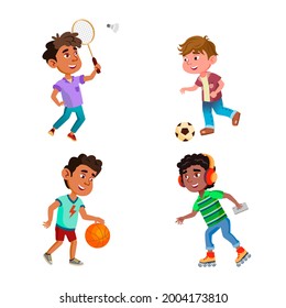 Kids Boys Play Sport Game On Playground Set Vector. Children Playing Football And Basketball With Game, Badminton And Rollerblading Sport Active Time. Characters Flat Cartoon Illustrations